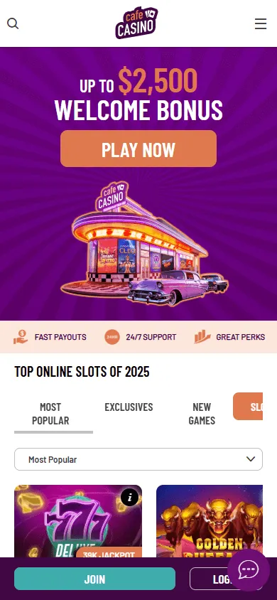 Cafe Casino mobile browser games area with casino titles