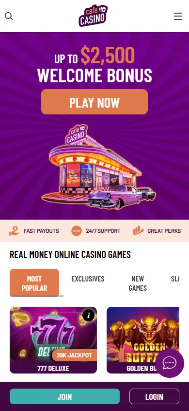 Cafe Casino mobile browser home screen adapted for a phone display