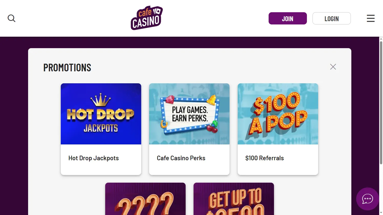 Cafe Casino desktop promotions area with bonus and promotional offers