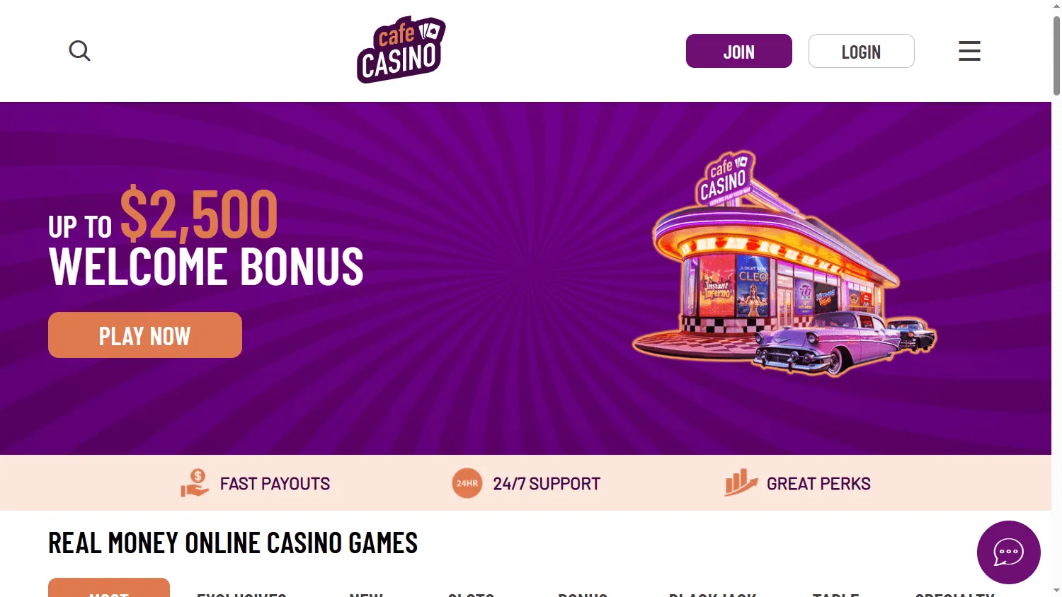 Cafe Casino desktop home screen with casino navigation and account features