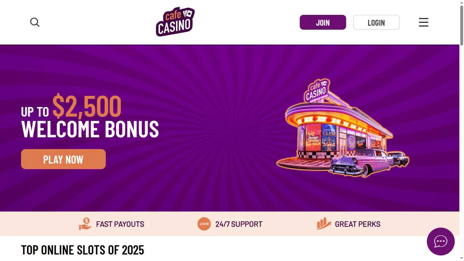 Cafe Casino desktop games area with casino titles and game categories