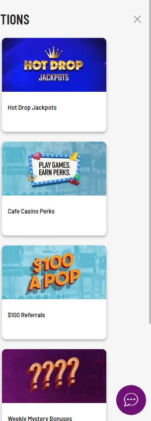 Cafe Casino mobile browser promotions area with bonus offers